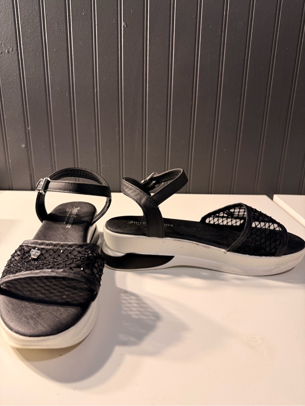 Juicy Couture Black Ankle-Strap Platform Sandals with Mesh Accent - Picture 3 of 16